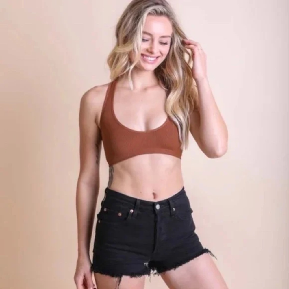 Copper Solid Ribbed Racerback Stretchy Casual Low Cut Bralette